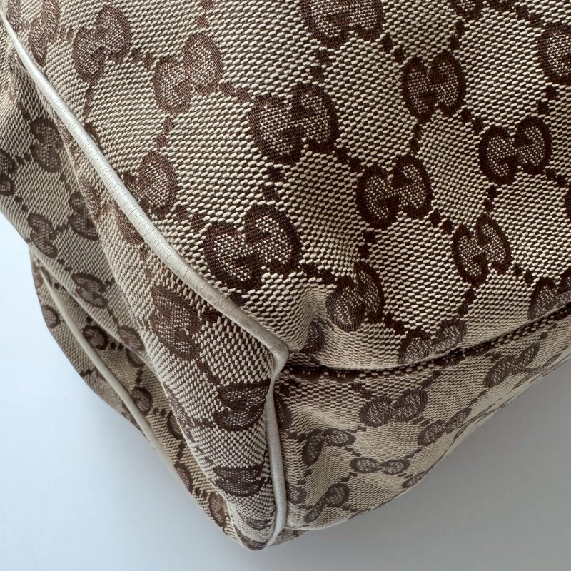 GUCCI 咖啡色緹花米白邊 手提肩背包 購物包-4