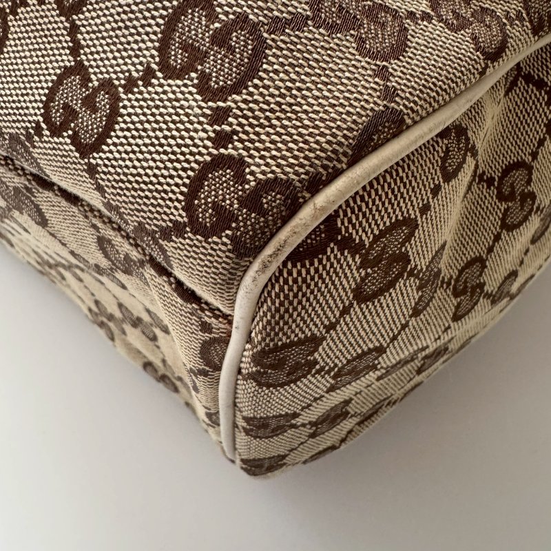 GUCCI 咖啡色緹花米白邊 手提肩背包 購物包-5