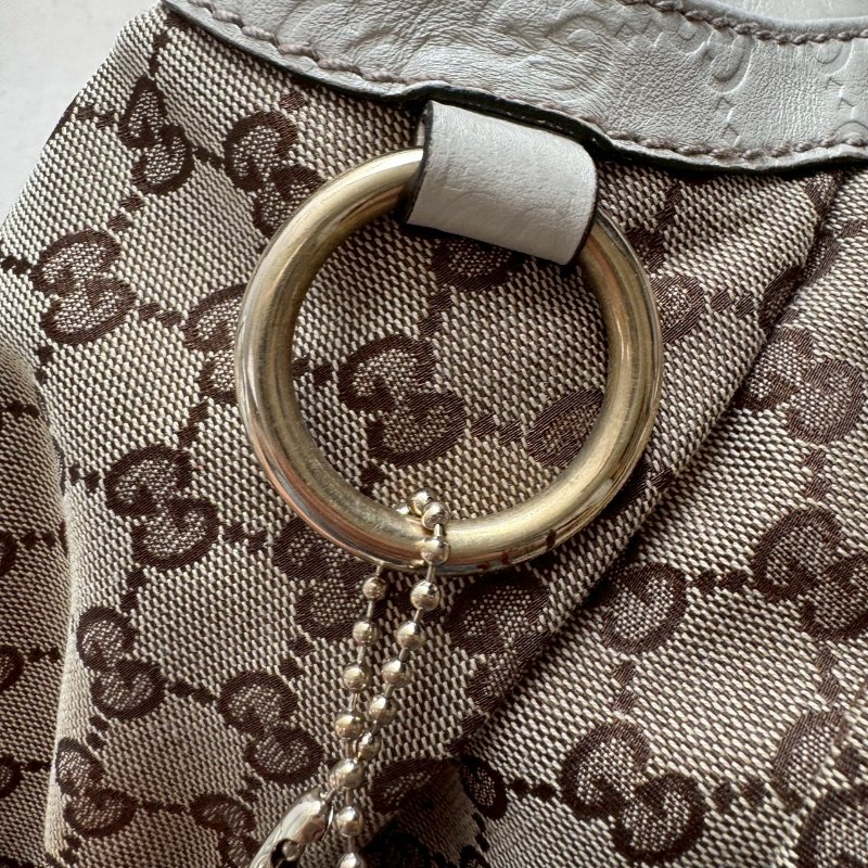 GUCCI 咖啡色緹花米白邊 手提肩背包 購物包-7