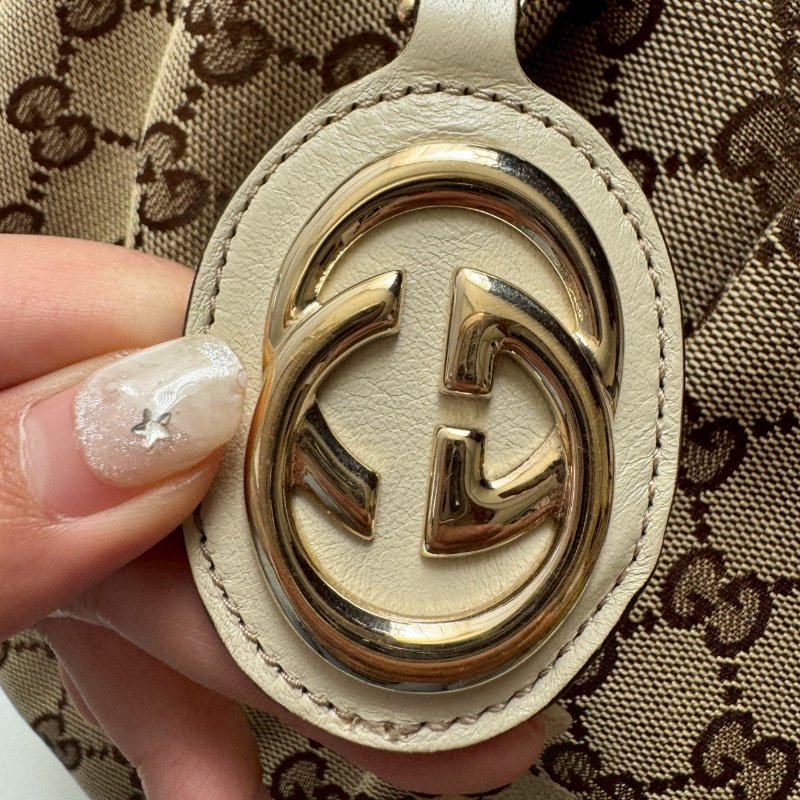 GUCCI 咖啡色緹花米白邊 手提肩背包 購物包-8