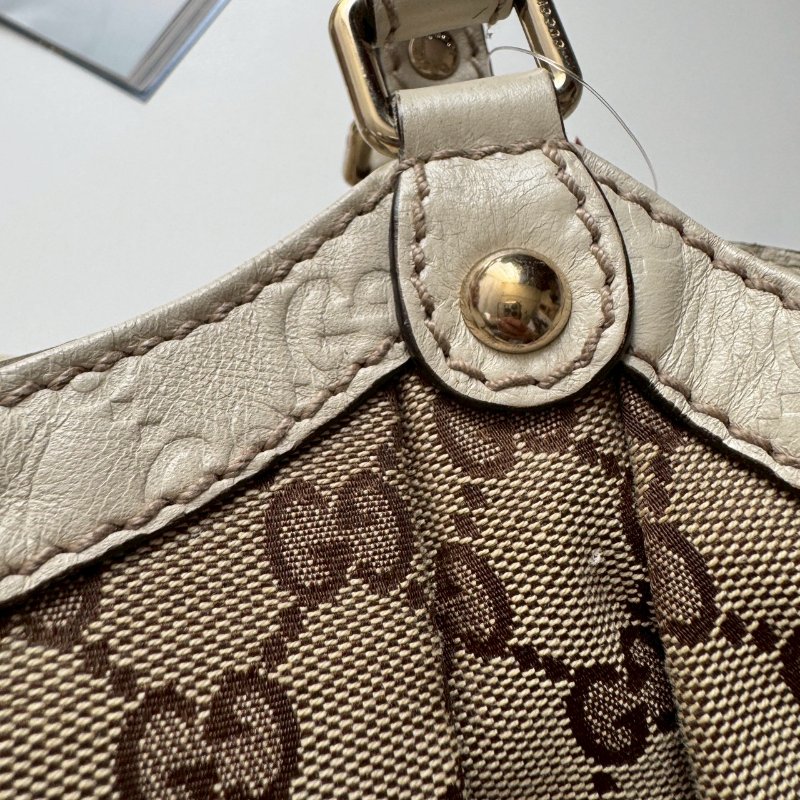 GUCCI 咖啡色緹花米白邊 手提肩背包 購物包-9