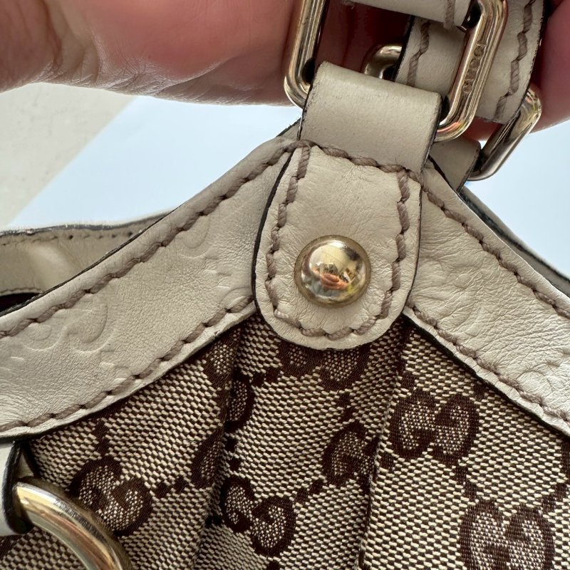 GUCCI 咖啡色緹花米白邊 手提肩背包 購物包-10