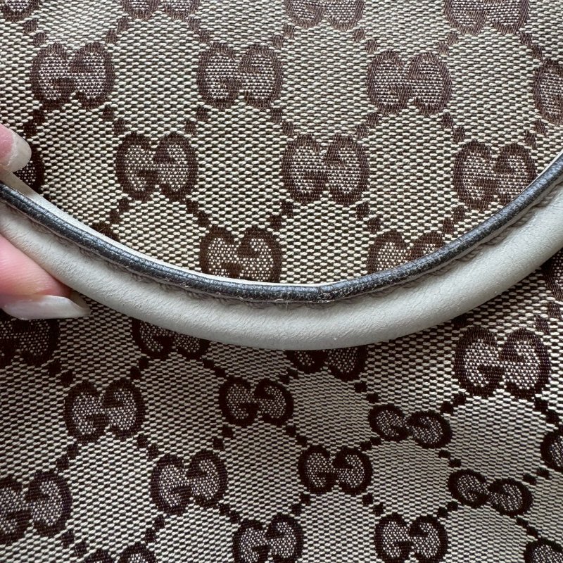 GUCCI 咖啡色緹花米白邊 手提肩背包 購物包-11
