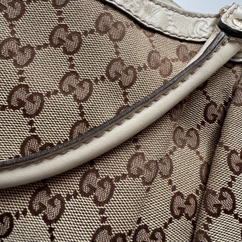 GUCCI 咖啡色緹花米白邊 手提肩背包 購物包-12