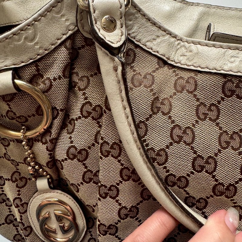 GUCCI 咖啡色緹花米白邊 手提肩背包 購物包-13