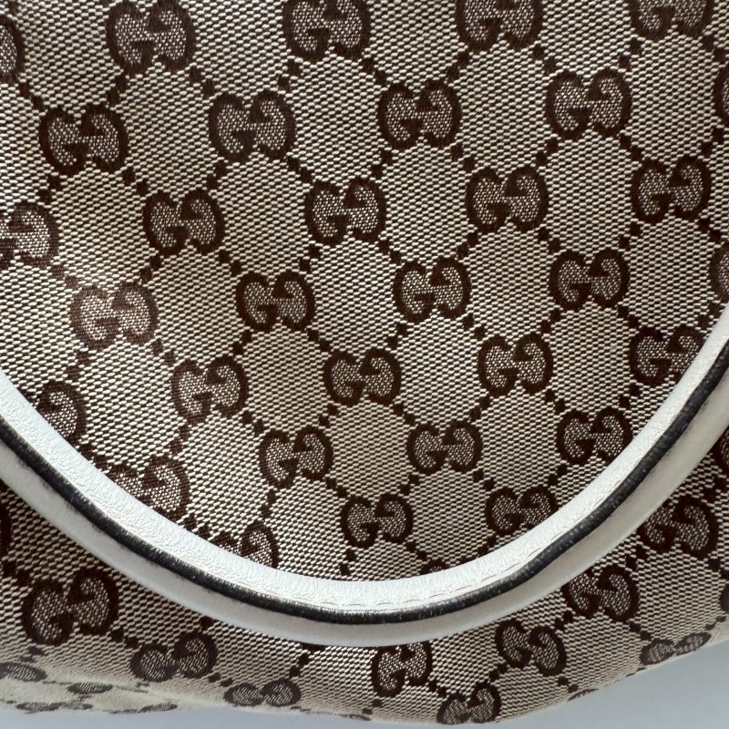 GUCCI 咖啡色緹花米白邊 手提肩背包 購物包-14
