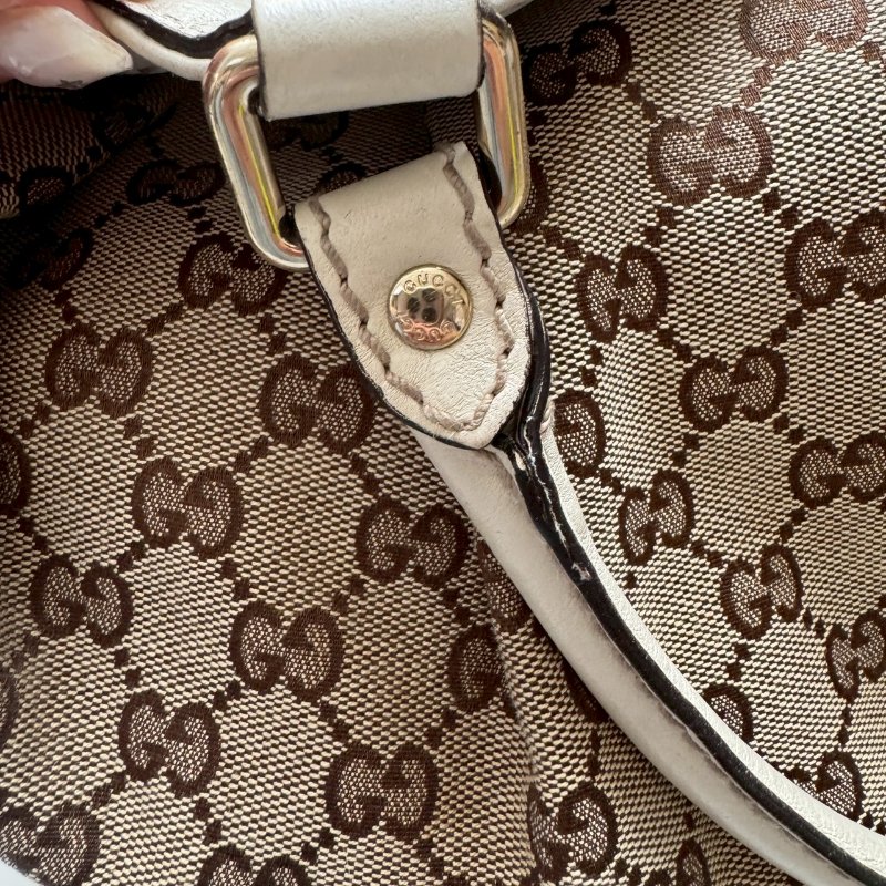 GUCCI 咖啡色緹花米白邊 手提肩背包 購物包-15