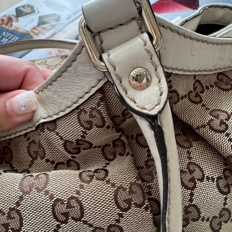 GUCCI 咖啡色緹花米白邊 手提肩背包 購物包-16