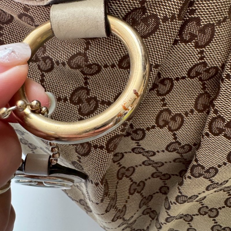 GUCCI 咖啡色緹花米白邊 手提肩背包 購物包-17