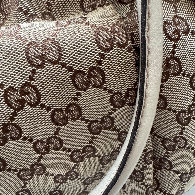 GUCCI 咖啡色緹花米白邊 手提肩背包 購物包-18