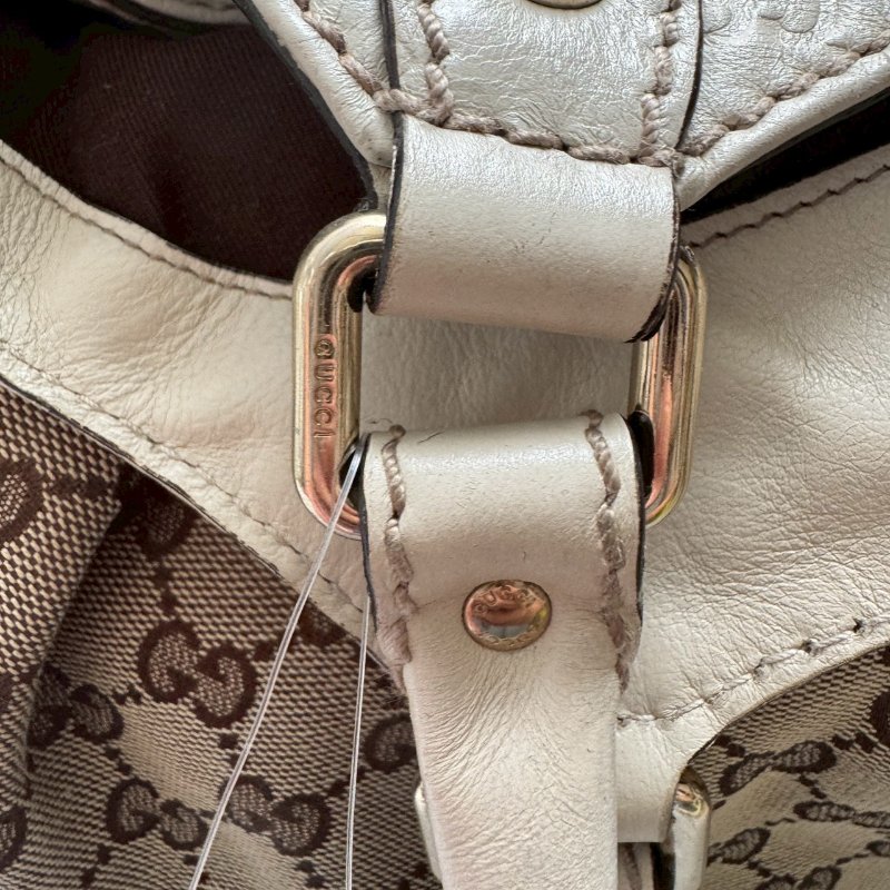 GUCCI 咖啡色緹花米白邊 手提肩背包 購物包-22