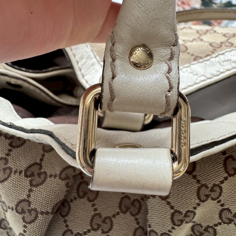 GUCCI 咖啡色緹花米白邊 手提肩背包 購物包-24