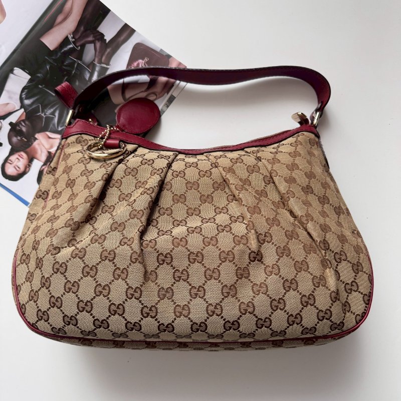 GUCCI 紅色緹花抓皺單肩包-0