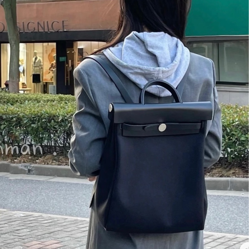 ✨Hermes herbag 全黑銀扣 帆布拼皮後背包-0