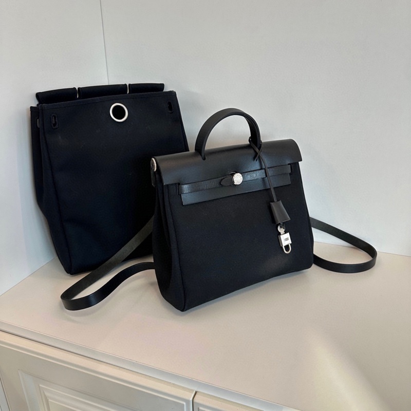 ✨Hermes herbag 全黑銀扣 帆布拼皮後背包-2