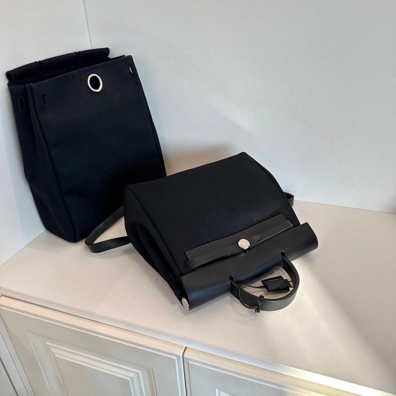 ✨Hermes herbag 全黑銀扣 帆布拼皮後背包-7