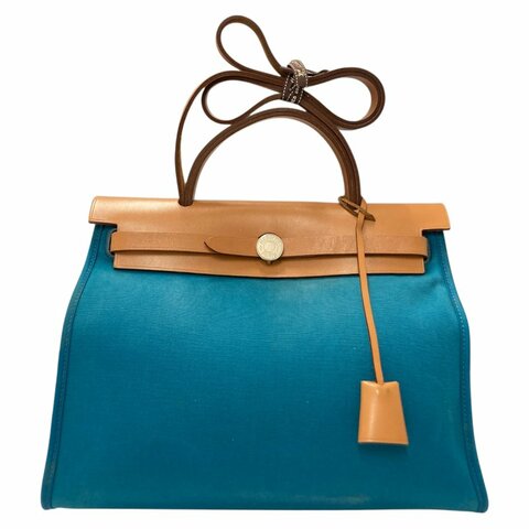 HERMES 愛馬仕 HERBAG31 外縫 ☐R刻 帆布 肩背包 藍綠色