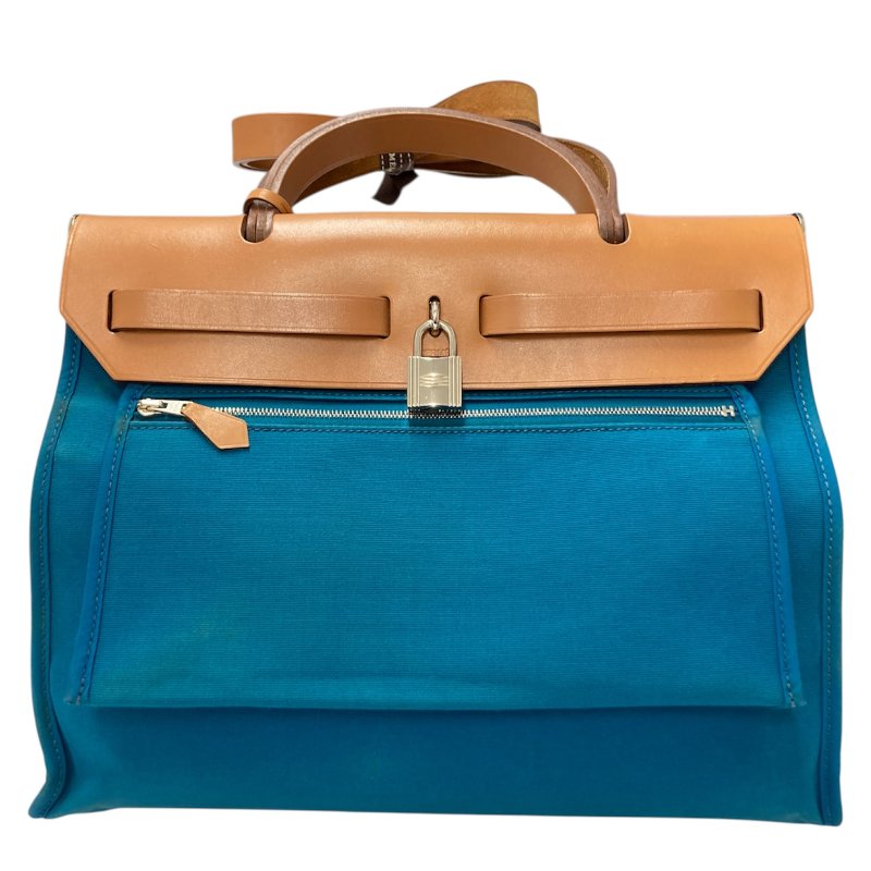 HERMES 愛馬仕 HERBAG31 外縫 ☐R刻 帆布 肩背包 藍綠色-1