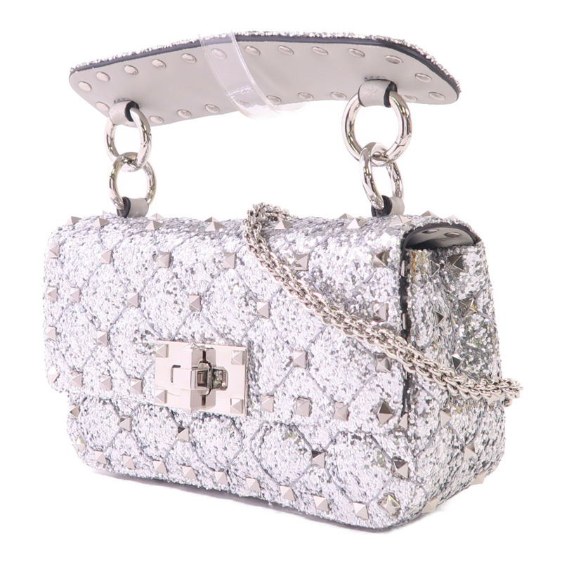 Valentino 皮革/亮片Mini Rockstud銀扣手挽肩背兩用袋-2