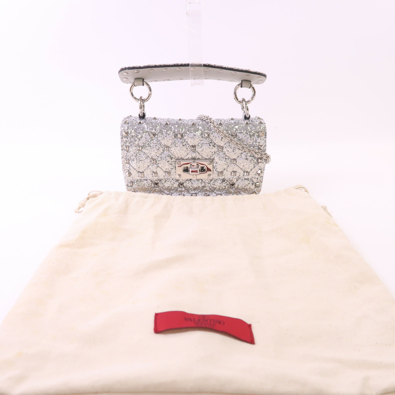 Valentino 皮革/亮片Mini Rockstud銀扣手挽肩背兩用袋-8
