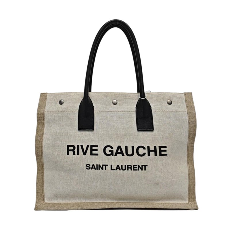 YSL RIVE GAUCHE米色帆布印花手提包銀色五金-0