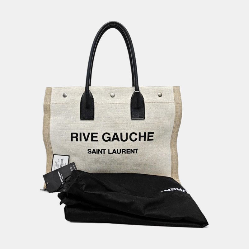 YSL RIVE GAUCHE米色帆布印花手提包銀色五金-7
