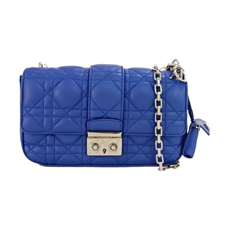 DIOR Miss Dior深藍色牛皮藤格紋絎縫斜挎包單肩包銀色五金-0