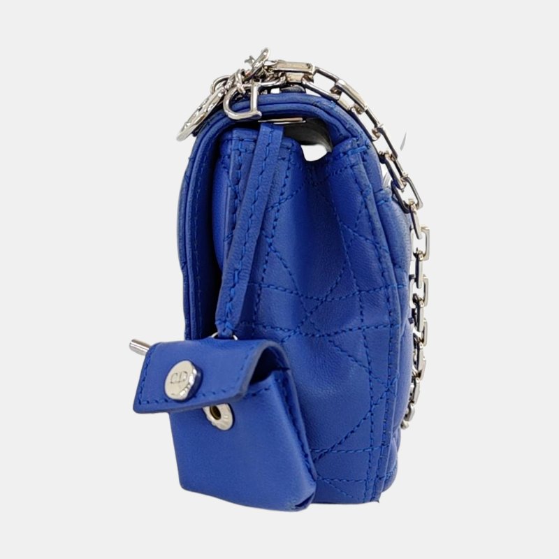 DIOR Miss Dior深藍色牛皮藤格紋絎縫斜挎包單肩包銀色五金-2