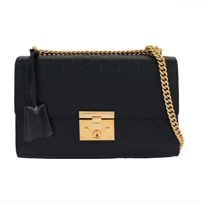 GUCCI Padlock 中號黑色牛皮老花壓紋單肩包斜挎包手提包金色五金-0