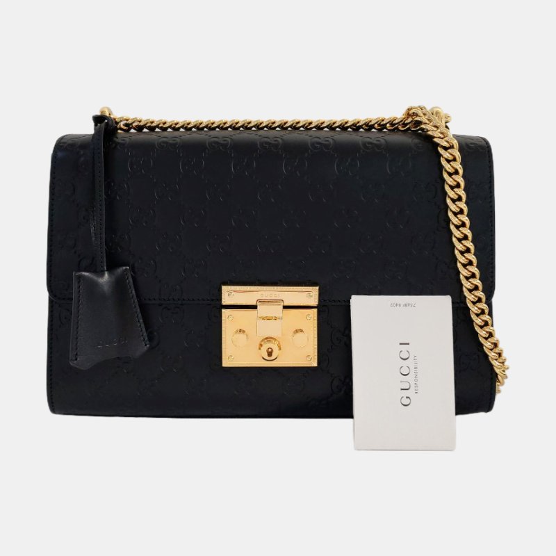 GUCCI Padlock 中號黑色牛皮老花壓紋單肩包斜挎包手提包金色五金-7