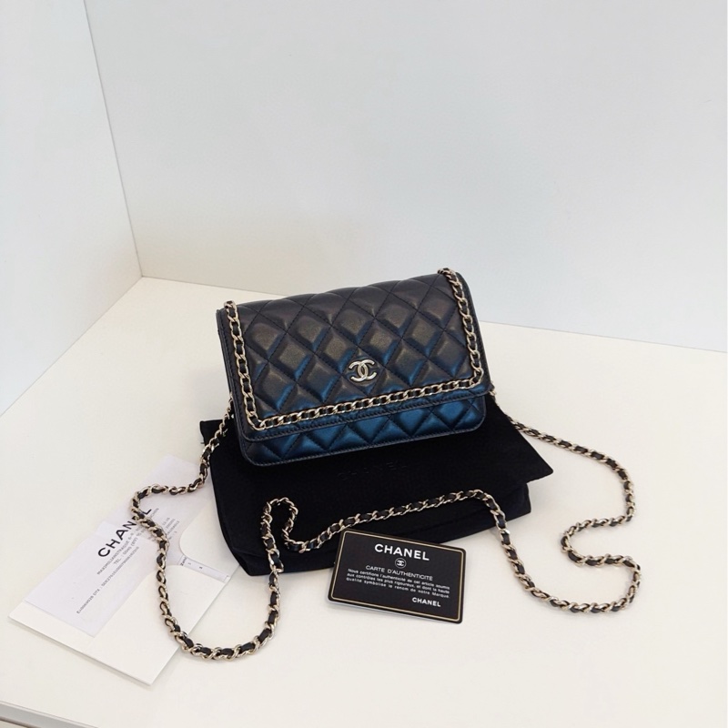 【98新🆕】Chanel黑金皮穿鏈滾邊Woc鏈條包/發財包 斜挎包-0