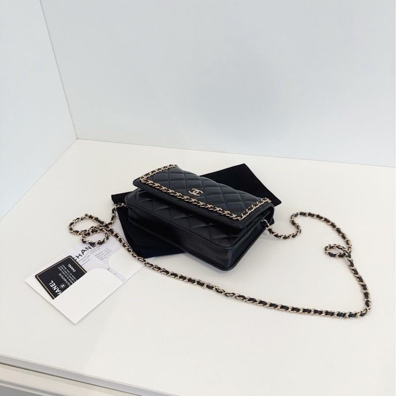 【98新🆕】Chanel黑金皮穿鏈滾邊Woc鏈條包/發財包 斜挎包-4