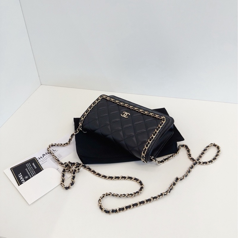 【98新🆕】Chanel黑金皮穿鏈滾邊Woc鏈條包/發財包 斜挎包-5