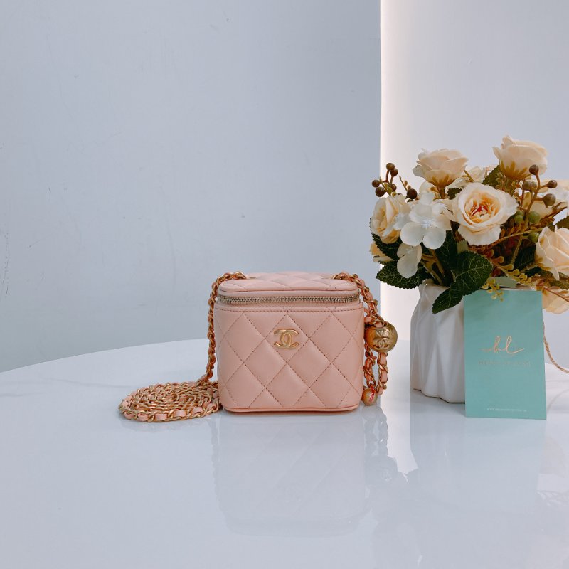 MS0437 Chanel 香奈兒 迷你 化妝盒 金球 調節 羊皮 粉肉色 金扣 Vanity Box With Gold Ball Mini Lambskin Pink x GHW-0