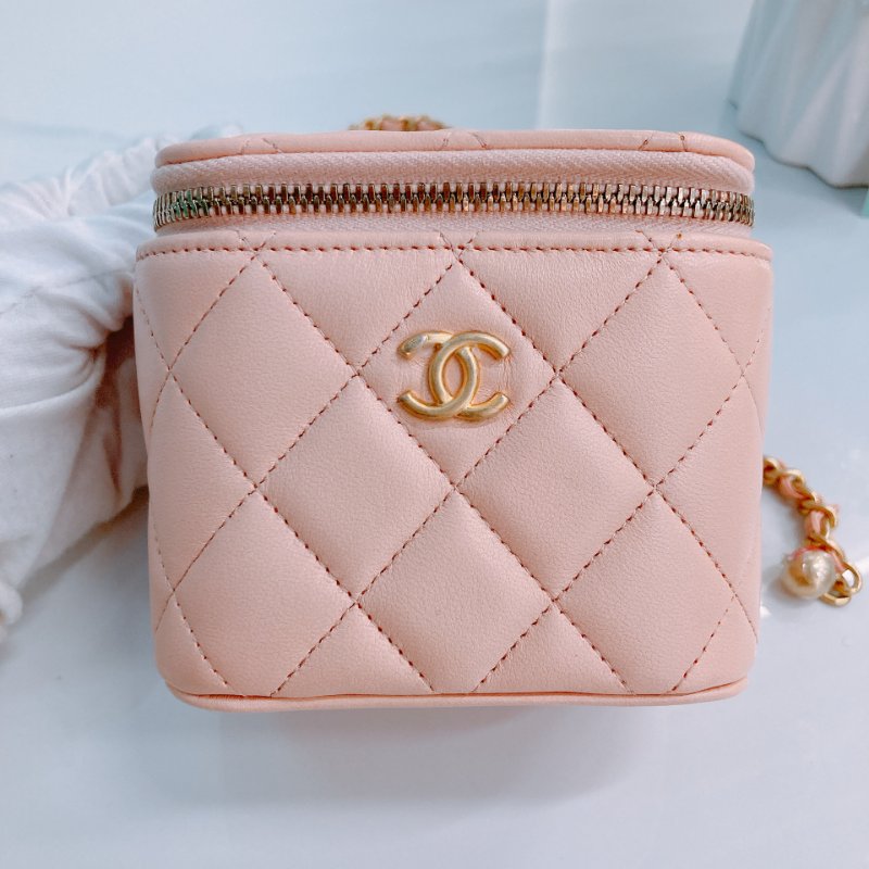 MS0437 Chanel 香奈兒 迷你 化妝盒 金球 調節 羊皮 粉肉色 金扣 Vanity Box With Gold Ball Mini Lambskin Pink x GHW-10