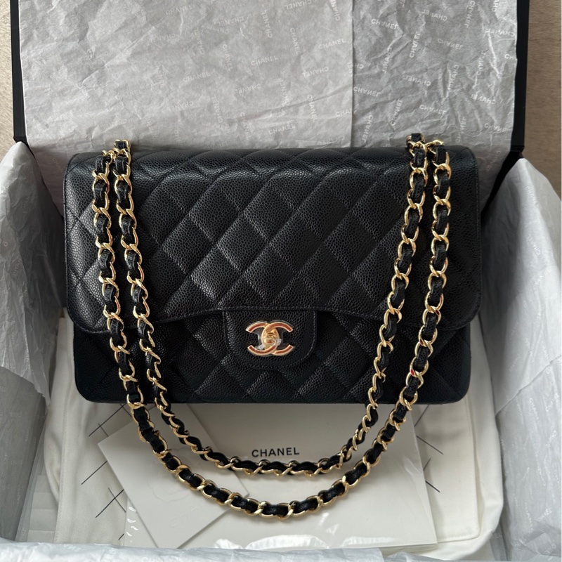 【配件：帶票大全套 💕】Chanel cf Jumbo 黑金 黑色 金扣 荔枝牛皮 手提 單肩 腋下 斜挎-0