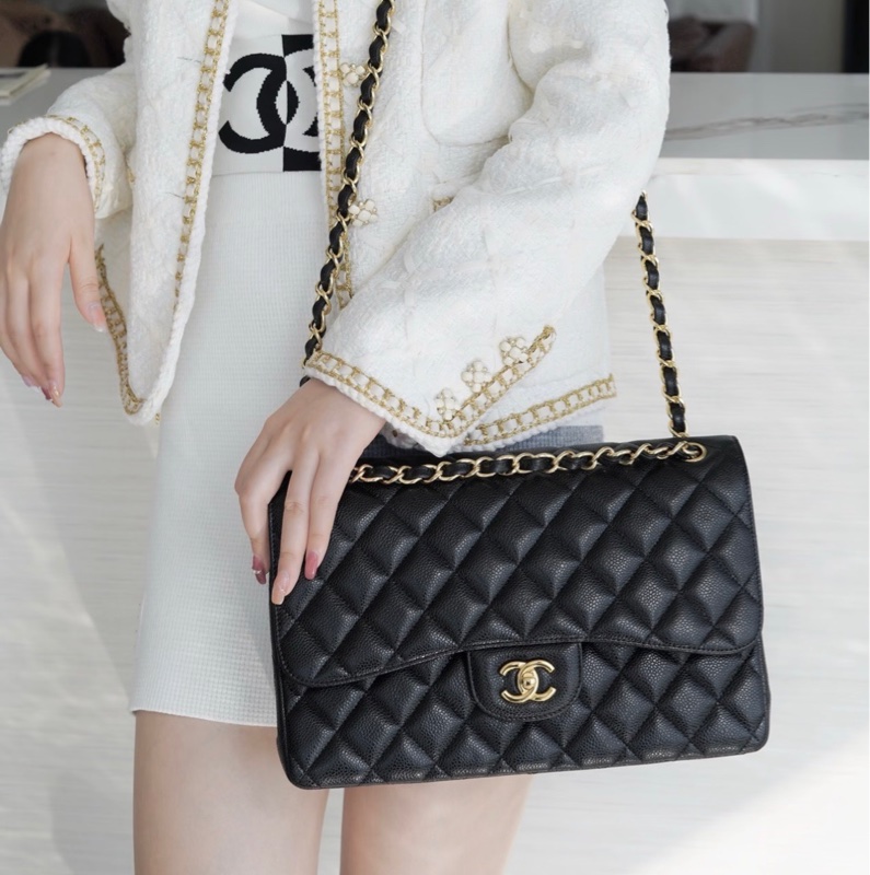 【配件：帶票大全套 💕】Chanel cf Jumbo 黑金 黑色 金扣 荔枝牛皮 手提 單肩 腋下 斜挎-1