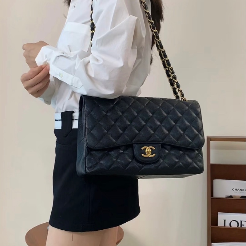 【配件：帶票大全套 💕】Chanel cf Jumbo 黑金 黑色 金扣 荔枝牛皮 手提 單肩 腋下 斜挎-5