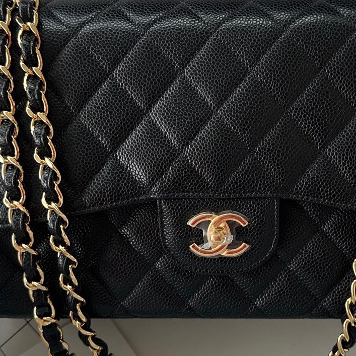 【配件：帶票大全套 💕】Chanel cf Jumbo 黑金 黑色 金扣 荔枝牛皮 手提 單肩 腋下 斜挎-6