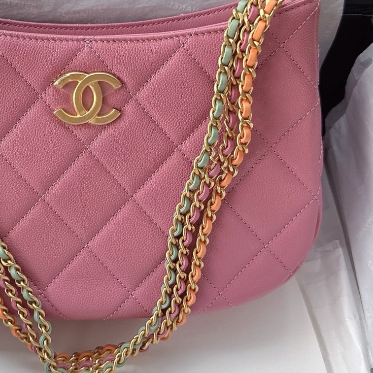 【配件：防塵袋 💕】Chanel 24C hobo 腋下包 嬉皮包 粉色 珊瑚粉色 金扣 彩色鏈條 三色鏈條 荔枝牛皮 手提 腋下-2