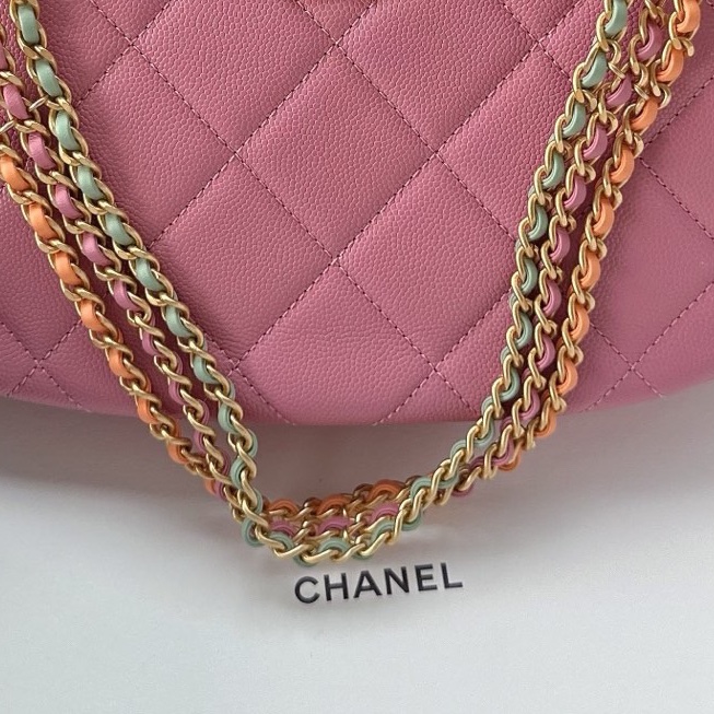 【配件：防塵袋 💕】Chanel 24C hobo 腋下包 嬉皮包 粉色 珊瑚粉色 金扣 彩色鏈條 三色鏈條 荔枝牛皮 手提 腋下-4