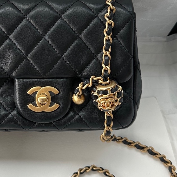 【配件：防塵袋 💕】Chanel 22S cf 方胖子 黑金 黑色 金扣 核桃金球 羊皮 手提 單肩 斜挎-2