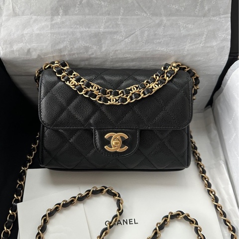 【配件：防塵袋、小票 💕 】Chanel 25P cf mini 方胖子 黑金 黑色 金扣 雙鏈條 荔枝牛皮 手提 單肩 斜挎