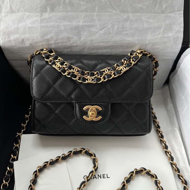 【配件：防塵袋、小票 💕 】Chanel 25P cf mini 方胖子 黑金 黑色 金扣 雙鏈條 荔枝牛皮 手提 單肩 斜挎-0