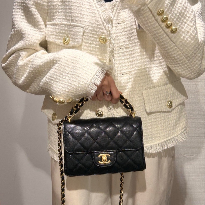 【配件：防塵袋、小票 💕 】Chanel 25P cf mini 方胖子 黑金 黑色 金扣 雙鏈條 荔枝牛皮 手提 單肩 斜挎-1