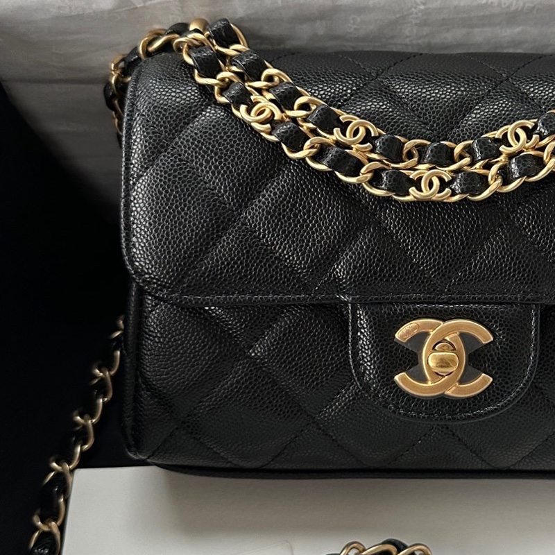 【配件：防塵袋、小票 💕 】Chanel 25P cf mini 方胖子 黑金 黑色 金扣 雙鏈條 荔枝牛皮 手提 單肩 斜挎-2