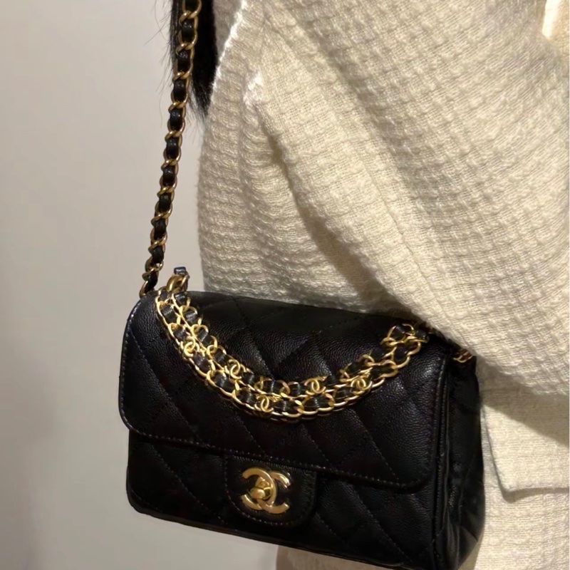 【配件：防塵袋、小票 💕 】Chanel 25P cf mini 方胖子 黑金 黑色 金扣 雙鏈條 荔枝牛皮 手提 單肩 斜挎-3