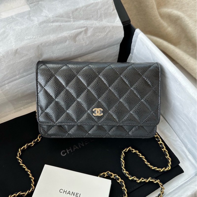 【配件：防塵袋 💕 】 Chanel woc 發財包 黑金 黑色 金扣 荔枝牛皮 單肩 斜挎-0