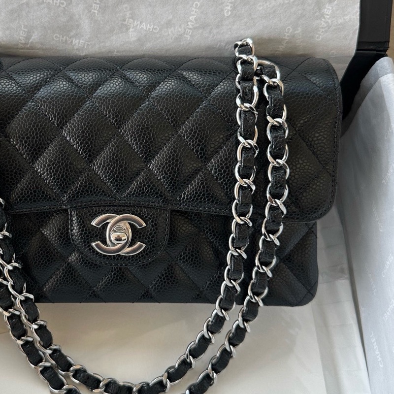 【 配件：防塵袋、小票 💕 】Chanel cf 小號 黑銀 黑色 銀扣 荔枝牛皮 手提 單肩 腋下 斜挎-2