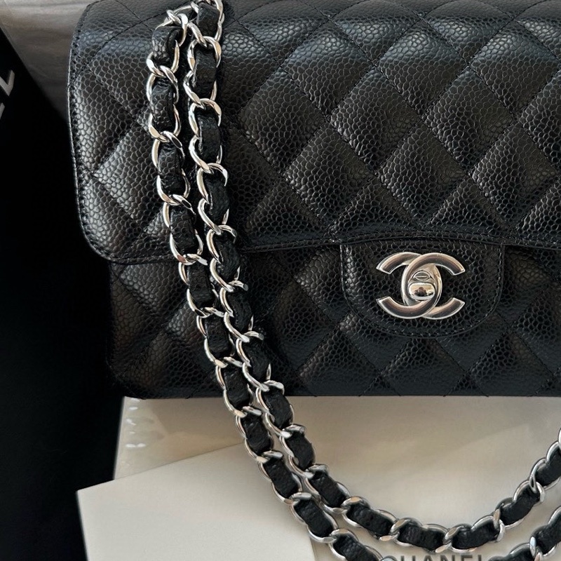 【 配件：防塵袋、小票 💕 】Chanel cf 小號 黑銀 黑色 銀扣 荔枝牛皮 手提 單肩 腋下 斜挎-4